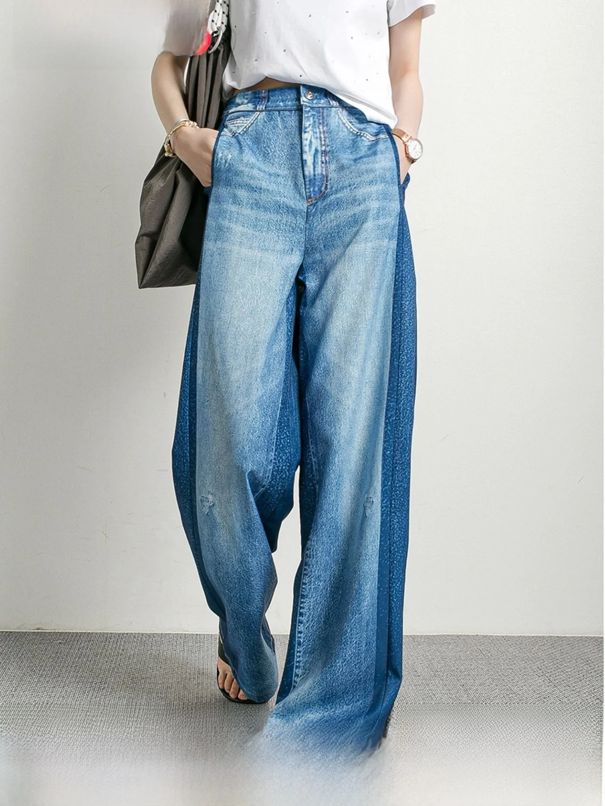 

Модные легкие джинсовые брюки с цветочным принтом, с высокой талией, широкими штанинами, женские, облегающие, струящиеся, длинные, весна 2025, новинка