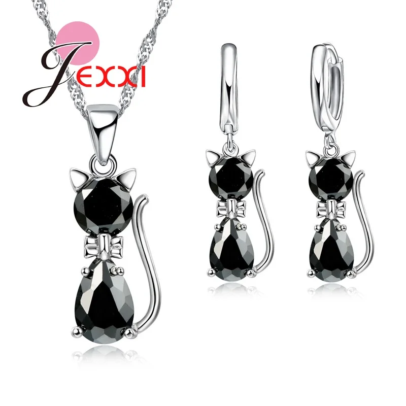 Women Jewellery Sets Genuine 925 Sterling Silver Cubic Zirconia Cat Cute Necklace Pendant+Leverback Earrings Hot Selling