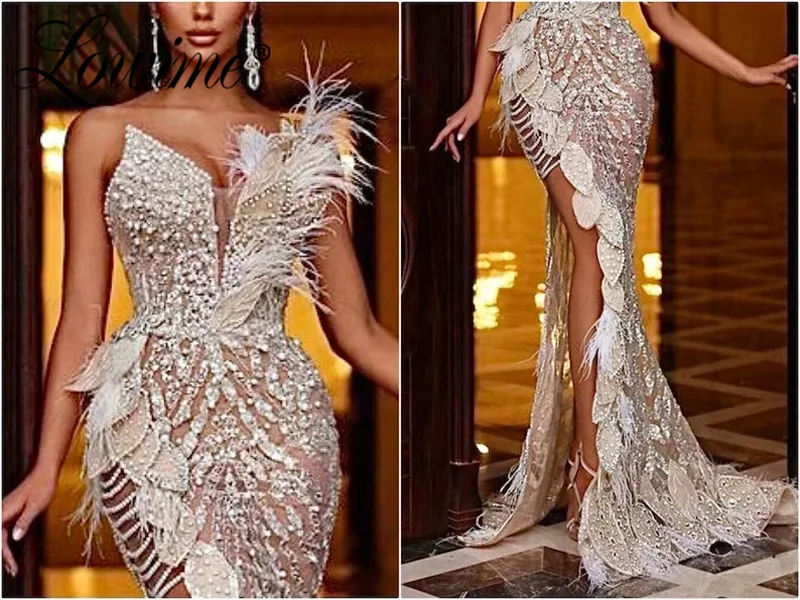 2023 Couture nacktes langes Party kleid arabisches Abendkleid Meerjungfrau Federn Kristalle Perlen kleid Festzug Ballkleider mit hohem Schlitz