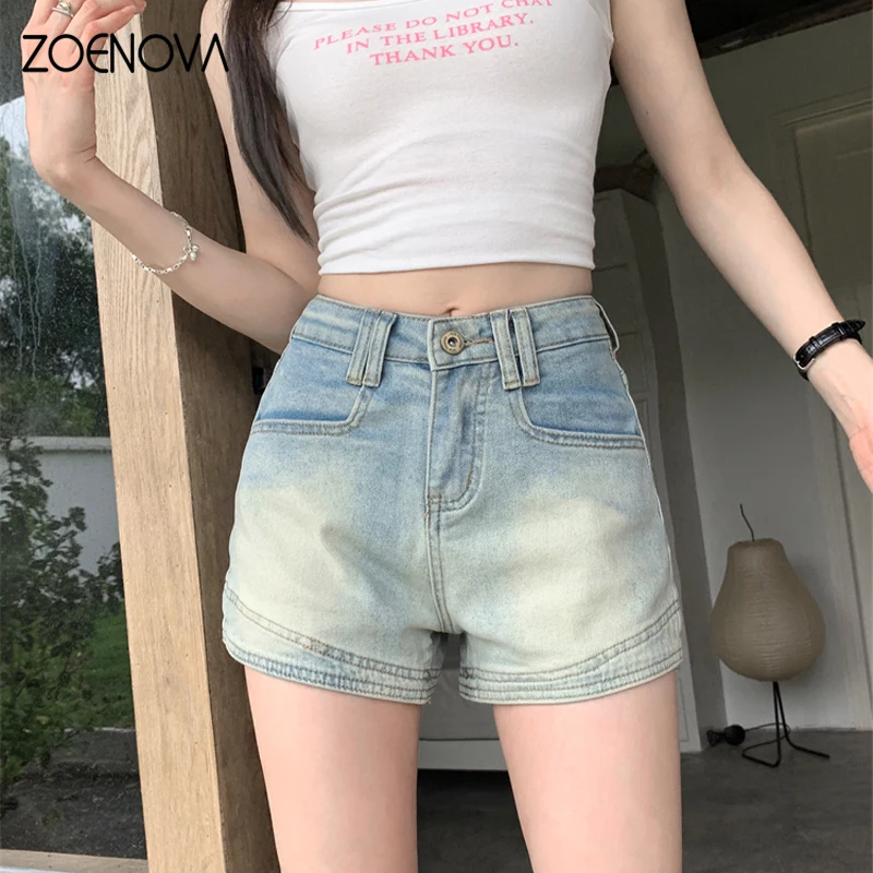 

ZOENOVA Retro Washed Blue Women's Jeans Summer Fashion Cool Girls High Waist Sexy Versatile Holiday Casual Party Denim Shorts