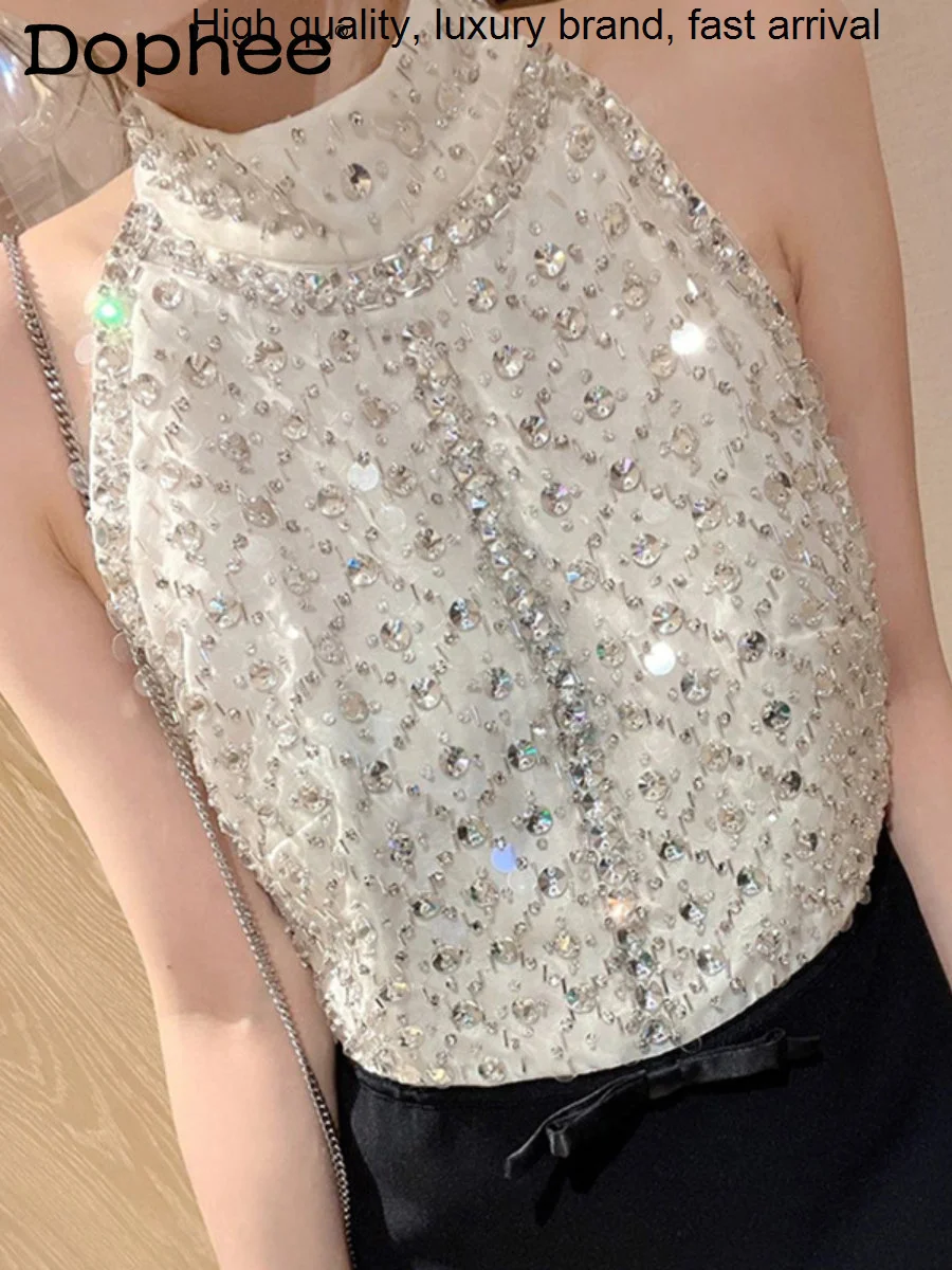 

Heavy Industry Socialite Sexy Halter Beaded Sequined High Waist Vest Women Summer Hot Diamond Bow Black Mini Dress Party