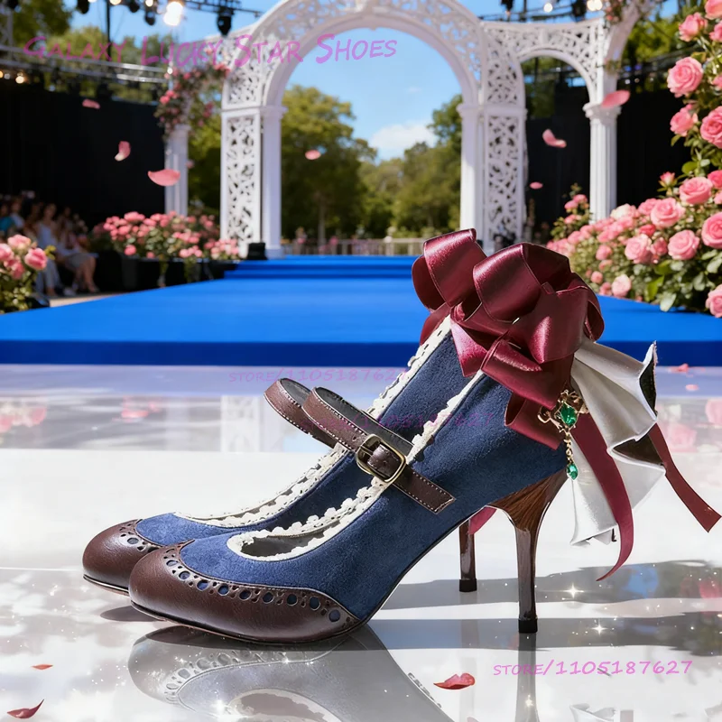 

Vintage Dark Blue Floral Leather Pump Sandals Garden Design Featuring Cute White Lace Bow Heel Scarf Design Stiletto Heels Shoes