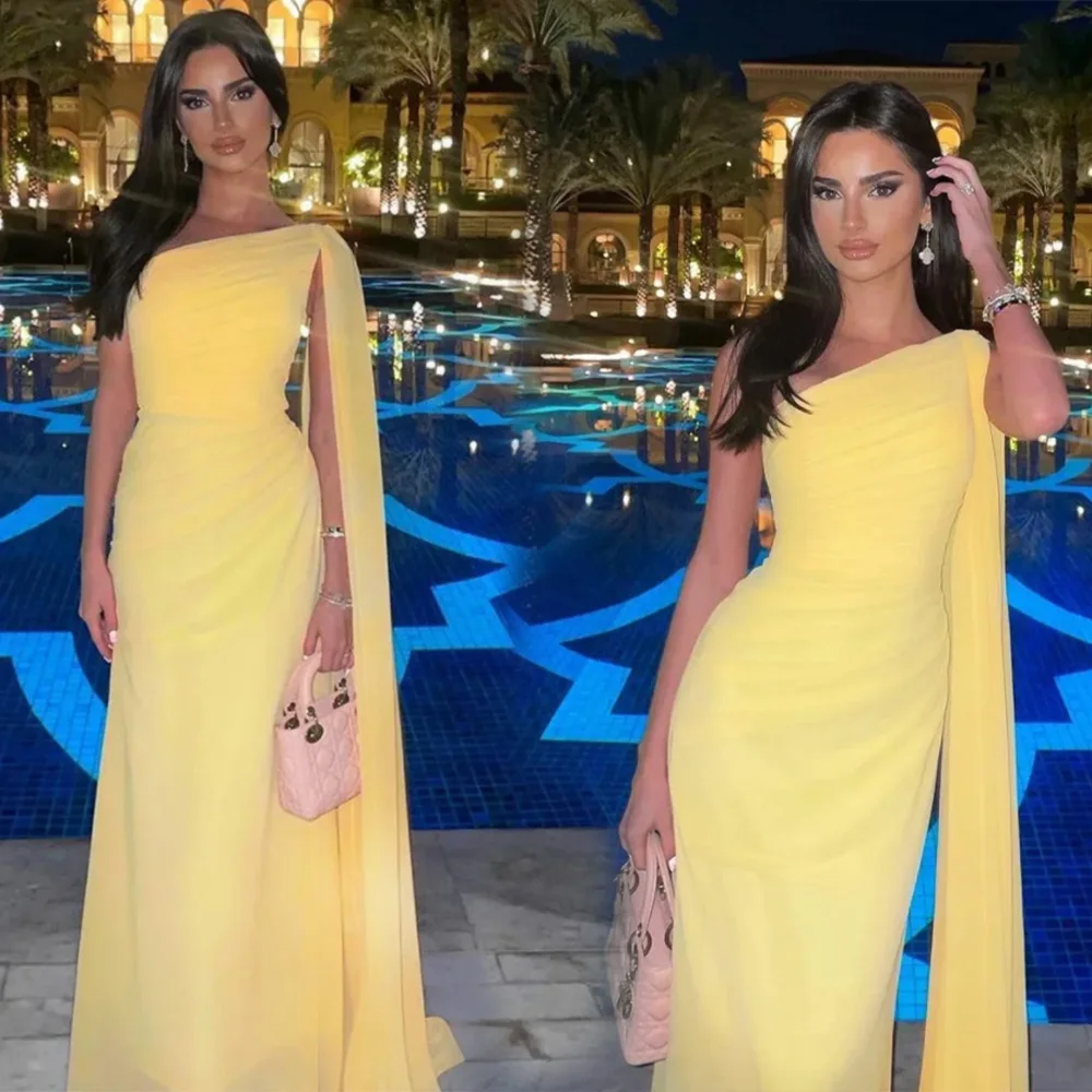 

New Custom Yellow Mermaid Evening Dresses One-Shoulder Floor-Length Sweep Train Chiffon long Plus Size