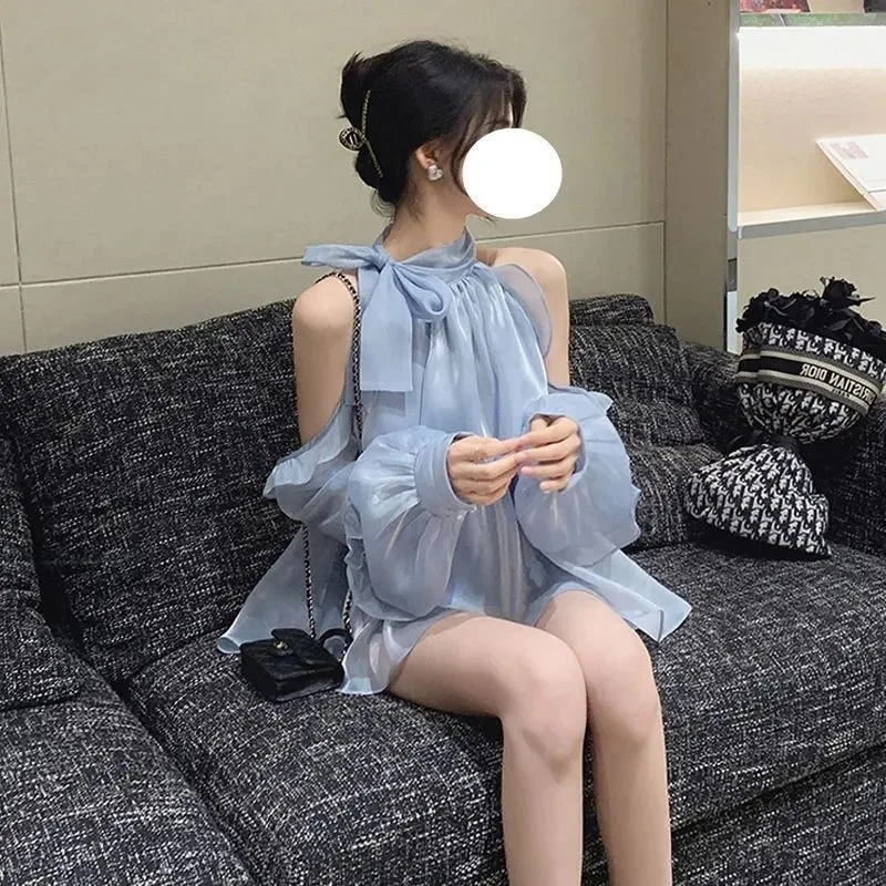 Korean Sexy Beige Ladies Tops Shoulderless Chiffon Ruffle Shirts Elegant Summer Hollow Loose Halter Blouses Puff Sleeves Blusas