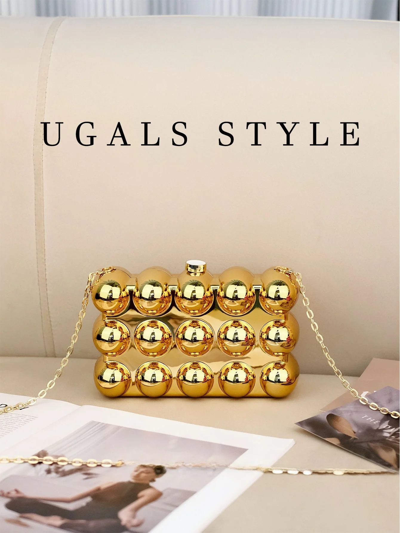 UGALS Gold Matte Acrylic Box Wave Pattern Small Square Handbag Candy Colored Phone Clutch Shoulder Bag for Evening Party