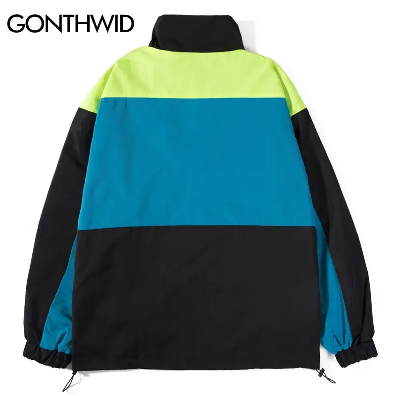 GONTHWID Hip Hop Vintage Track Jacket Streetwear Color Block Patchwork Windbreaker Zip Up Coats 2023 Mens Autumn Waterproof Coat