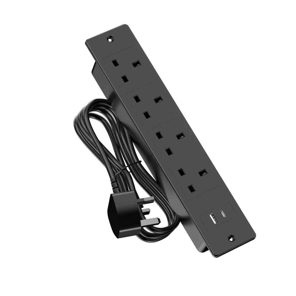 Recessed Embedded Socket Power Strip 4 AC Ports USB‑A Type‑C(5V 2.1A) 1.5m Extension Cord for Desk Cabinet Table Installation