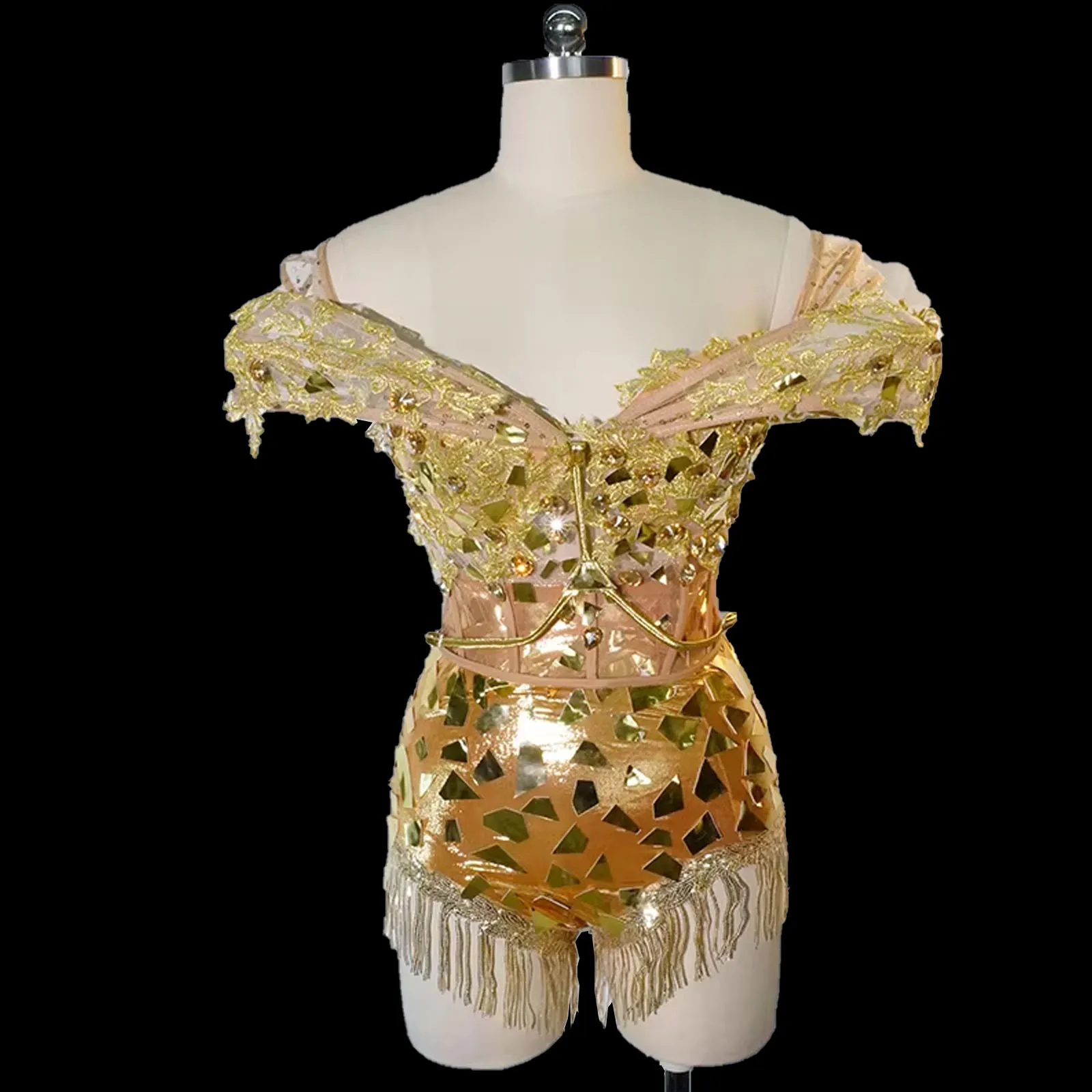 

fashion Gold crystal bodysuit sequin top and trousers tassel sets pole dance birthday DJ club DS performance drag queen costumes