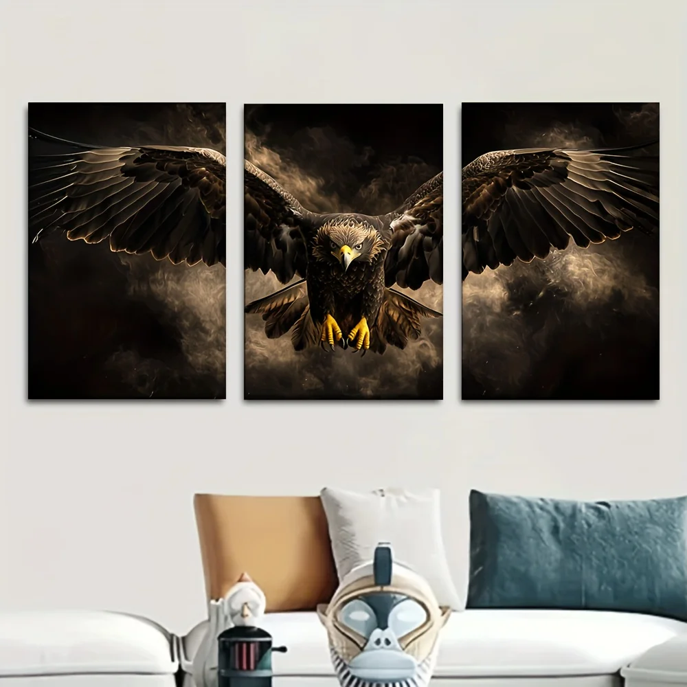 3pcs Set Majestic Eagle Wall Art Paintings - Unframed Abstract Eagle Soaring in Dark Sky, Hand-Painted Canvas Posters for Liv