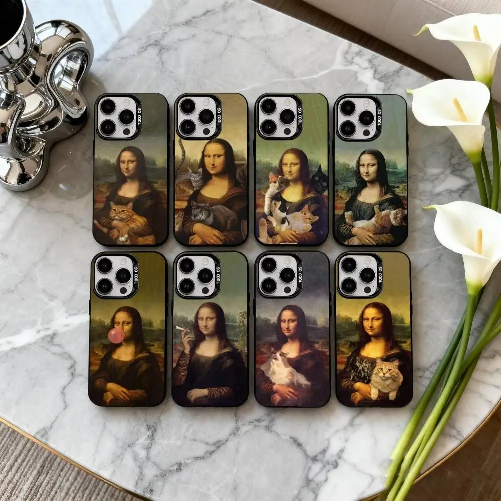 

M-Mona-A L-Lisa Pat C-Cat Art Phone Case For iPhone17,16,15,14,13,12,11 Plus,Pro Max Black Candy silver phone case