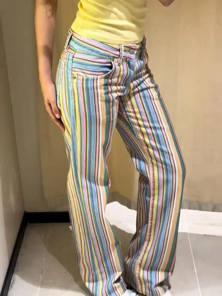 Y2k Women Jeans Striped Contrast Pockets Button Low Waist Wide Leg Female Denim Trouser Summer Streetwear 2026 Commute New