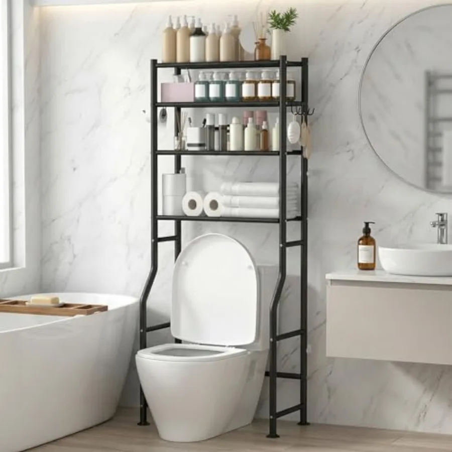 

Over Toilet Storage with Anti-Tilt Safety System - 150lb Total Capacity Metal Bathroom Shelves Including Paper Holder and 4 Hoo
