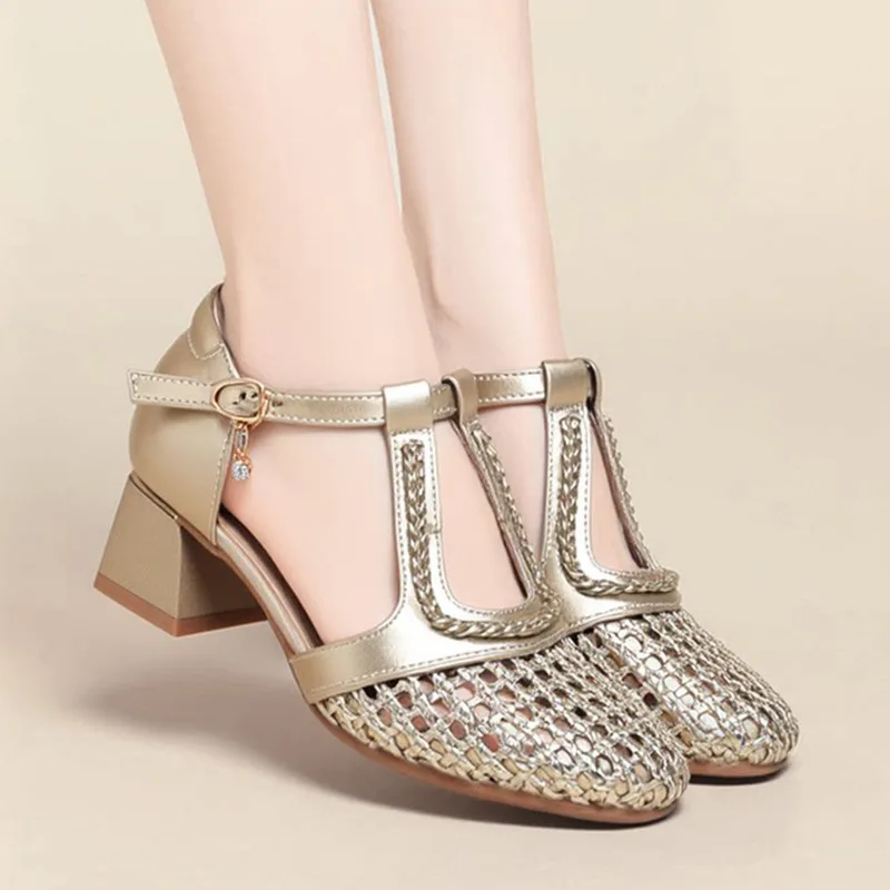 

Silver Metallic Woven Hollow Out Sandals With T-Strap Buckle Closure Round Toe LeisureBreathable Casual Comfortable Summer Work