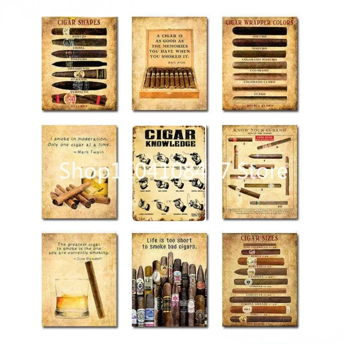 Cigar Shape Cigar Knowledge Size Cigar Lover Gold Logo Printed Club Party Poster Metal Tin sign Logo poster 16x12inch 40x30cm