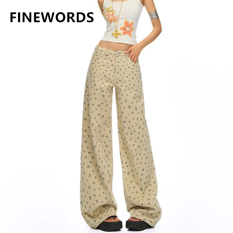 

FINEWORDS High Waist Vintage Floral Jeans Women Korean Streetwear Wide Leg Jeans Easymatch Printed Baggy Jeans