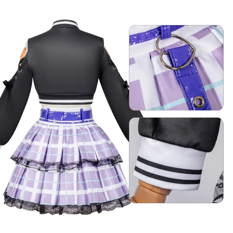 زي تنكري من Game Ena Shinonome بتصميم Y2K باللون الأسود وتنورة أرجوانية مع إكسسوارات مجموعة كاملة للحفلات النسائية