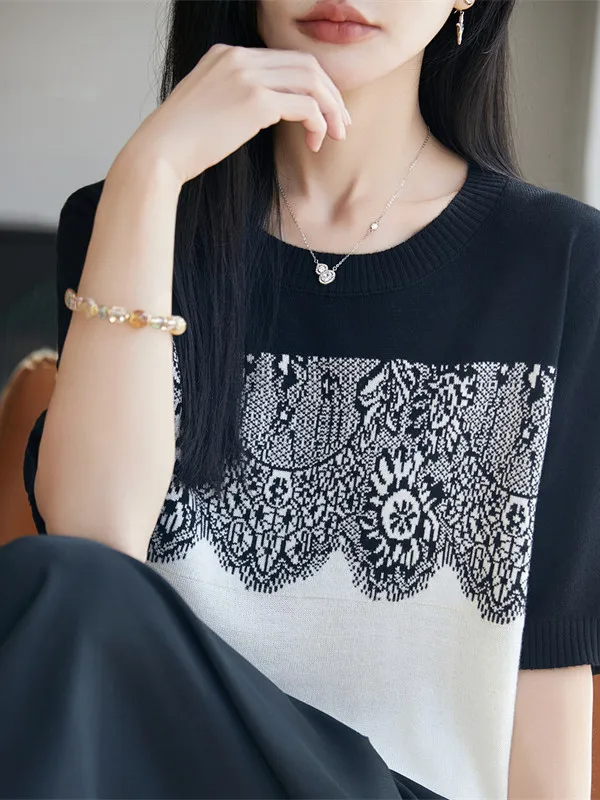 

2026 New Ice Silk Knitted Short Sleeve T-Shirt Women's Summer Thin Flower Pattern Casual Loose Fit Soft Breathable Top