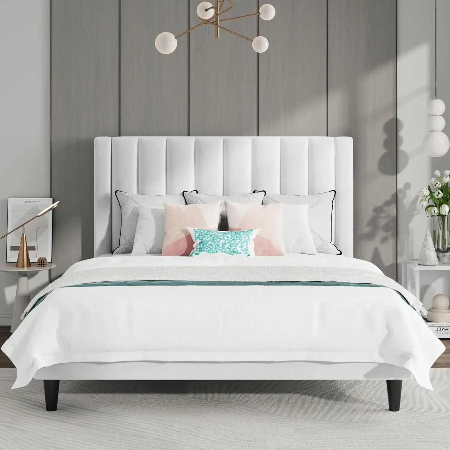 Full Bed Frame/Velvet Upholstered Platform Bed Frame with Headboard/Strong Wood Slats Support/Mattress Foundation