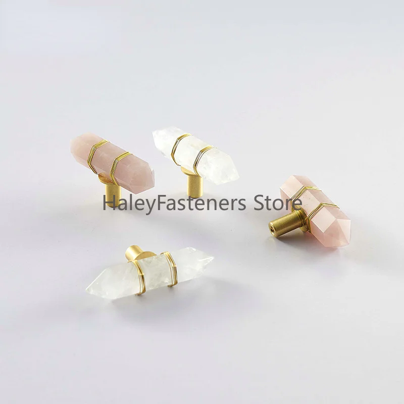 Natrual Pink Powder Crystal Handles with Brass Wire Binding Luxury Rose Quartz Amethyst Furniture Drawer Cabinet Handles Knobs