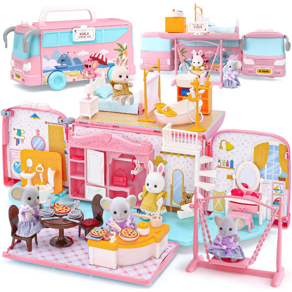 WizKidz - Doll House Playset for Girls Toys Miniature Pretend Play Portable Foldable Camper Toy Car with Furniture Accessories