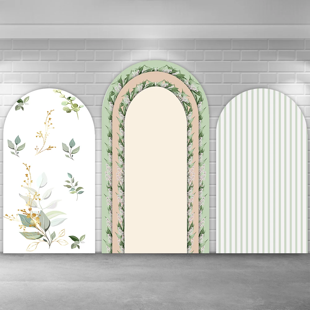 Green Leaves Stripes Baby Shower Arch Wall Backdrop Cover Garden Arched Background Banner Elastic Zipper