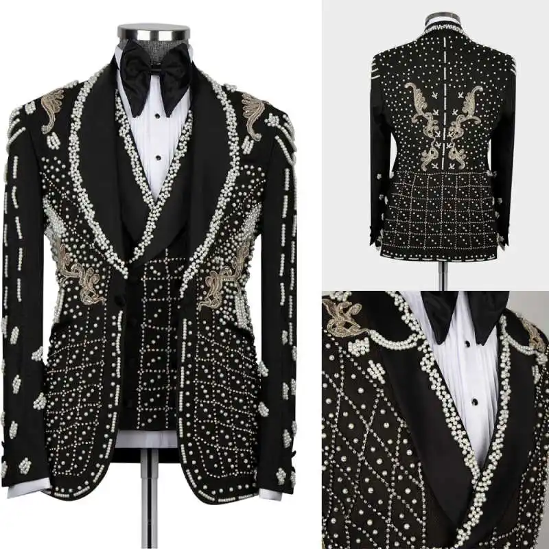 

Luxury Groom Wedding Tuxedos 3 Pieces Blazer Pants Vest Beaded Crystal Shawl Lapel Prom Party Customized trajes para hombre