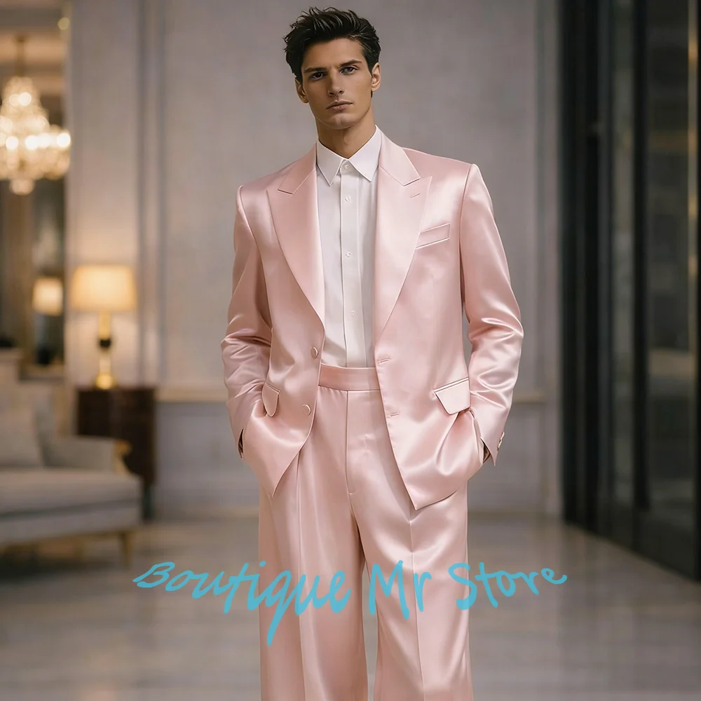 

Luxury Satin 2 Pieces Men's Suit Single Breasted Set Formal Jacket+Pants for Wedding Groom Wear Elegant Prom Male Outfit