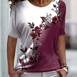 T-shirt de bloco colorido feminina, top manga curta, estampado com flores, roupa solta, festa, moda verão, novo, 2022