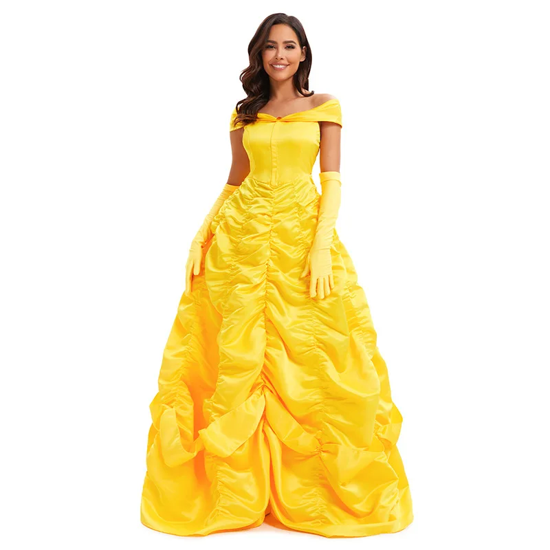 

Belle Princess Costume WomenCosplay Ball Gown Yellow Long Dress Halloween Christmas Party Performance Outfit