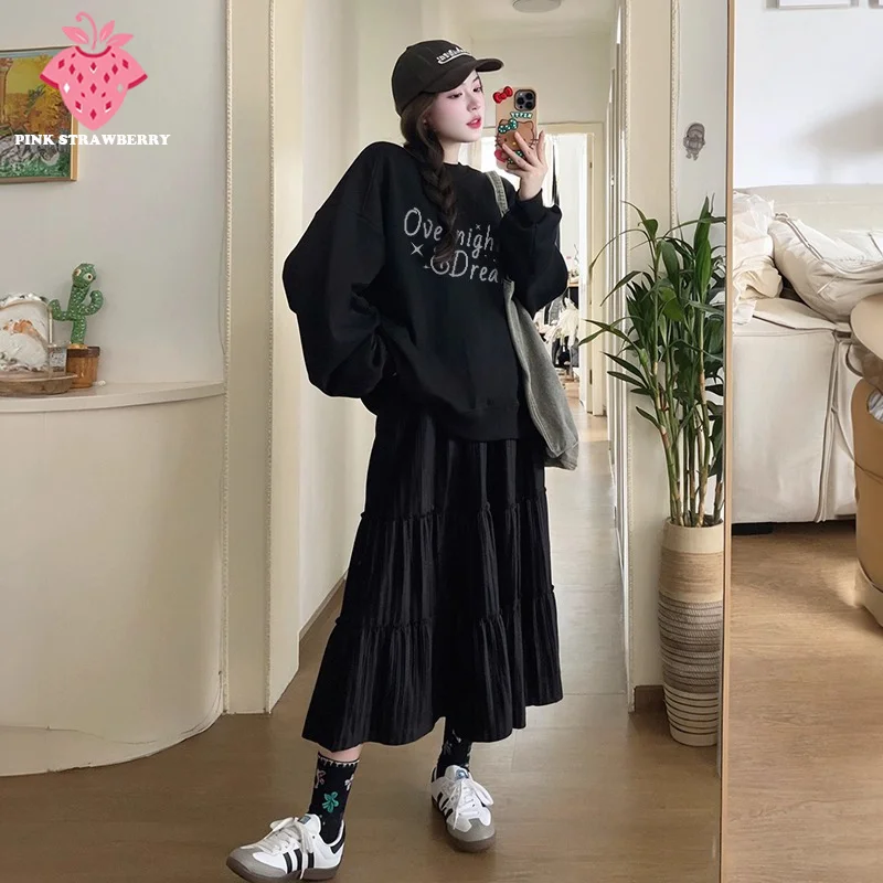 

Korean Popular Black O-Neck Hoodie Women Autumn Winter 2025 New Cotton Long sleeves Plush Warm Sweatshirt Y2K Top Woman clothes