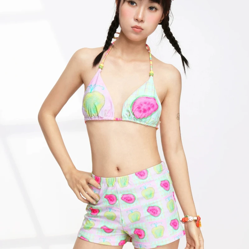 

Beach Resort Wind Hot Spring Halter Women's Top Original Fruit Print Sweet Cool Y2k Cute Shorts Colorful Swimsuit Suits Ladies