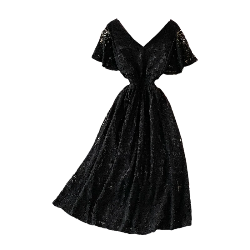 Ele Lace Midi Dr Dames V-hals Hoge taille A-lijn rok Bell Sve Summer Faion Luxe Afslanken Geplooid Dr