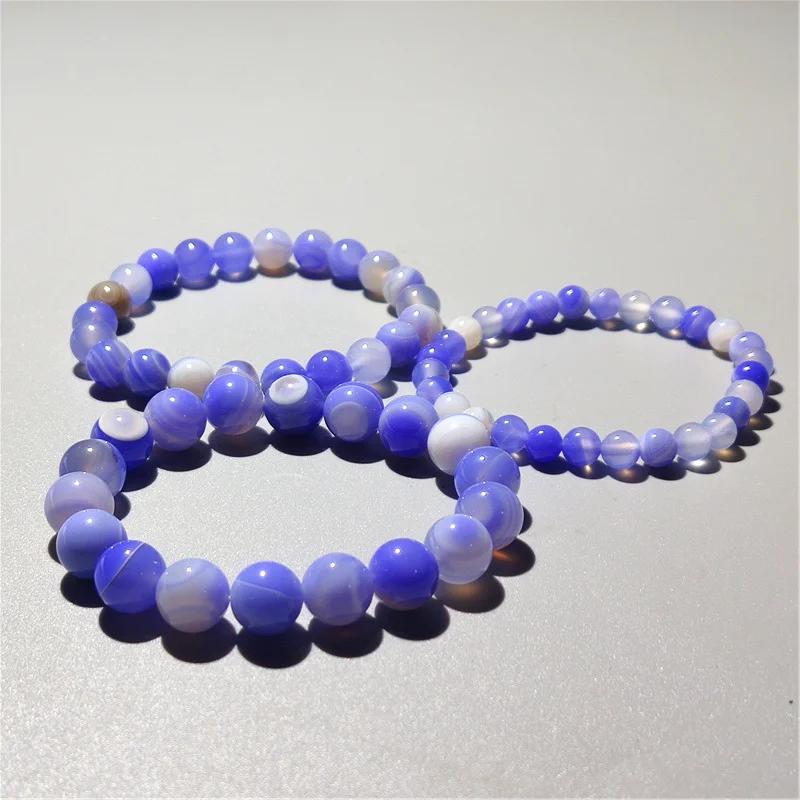 Natural Silk Blue Pattern Agate Bracelet Blue Chalcedony Bracelet For Men And Women Student BFF Couple Single Circle Crystal