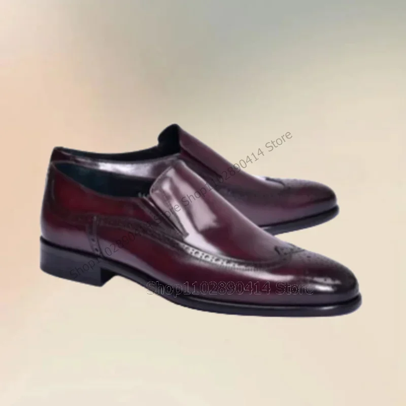 

Burgundy Carving Design Patent Leather Loafers Fashion Slip On Men Shoes Luxurious Handmade Party Banquet Office Men Dress Shoes