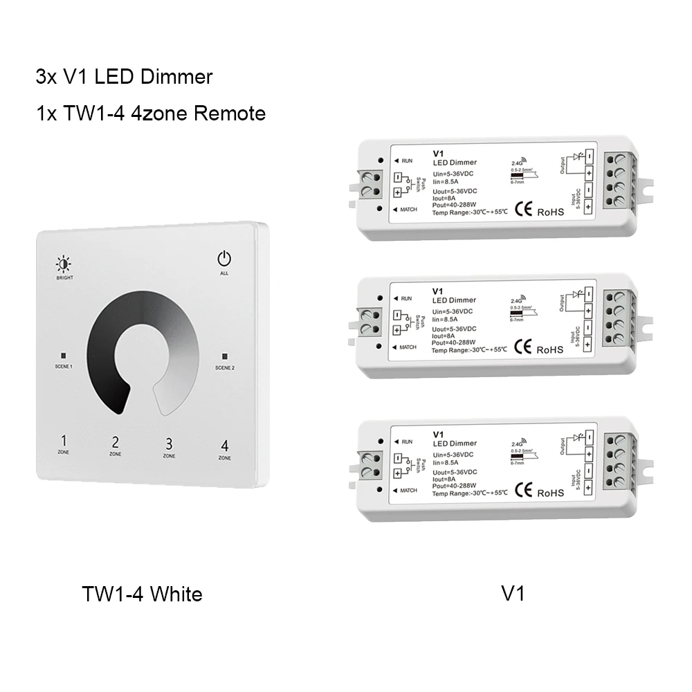 CENFAYA V1 LED-Dimmer 1 Kanal 5V 12V 24V 36V 4-Zonen-Einfarb-LED-Streifen-Dimmkit Wireless 2,4g HF-Fernbedienung Touch-Schalter Dimer 3