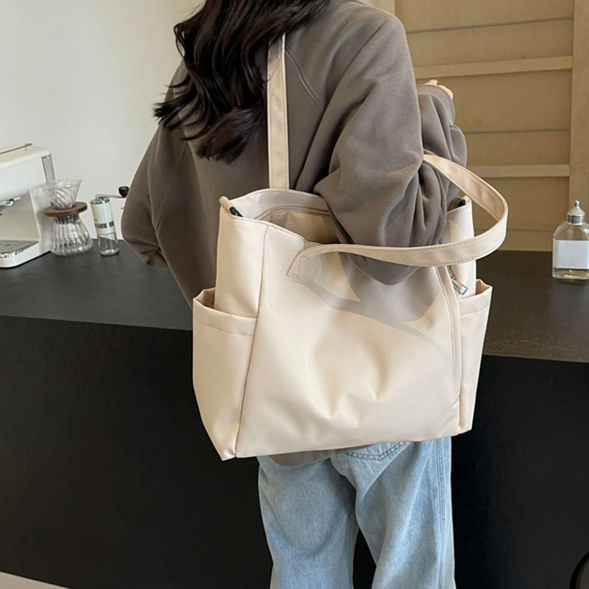 Beige white female light simple crossbody bag Oxford Butot bag large capacity popular hand bill of lading shoulder bag 1 pack