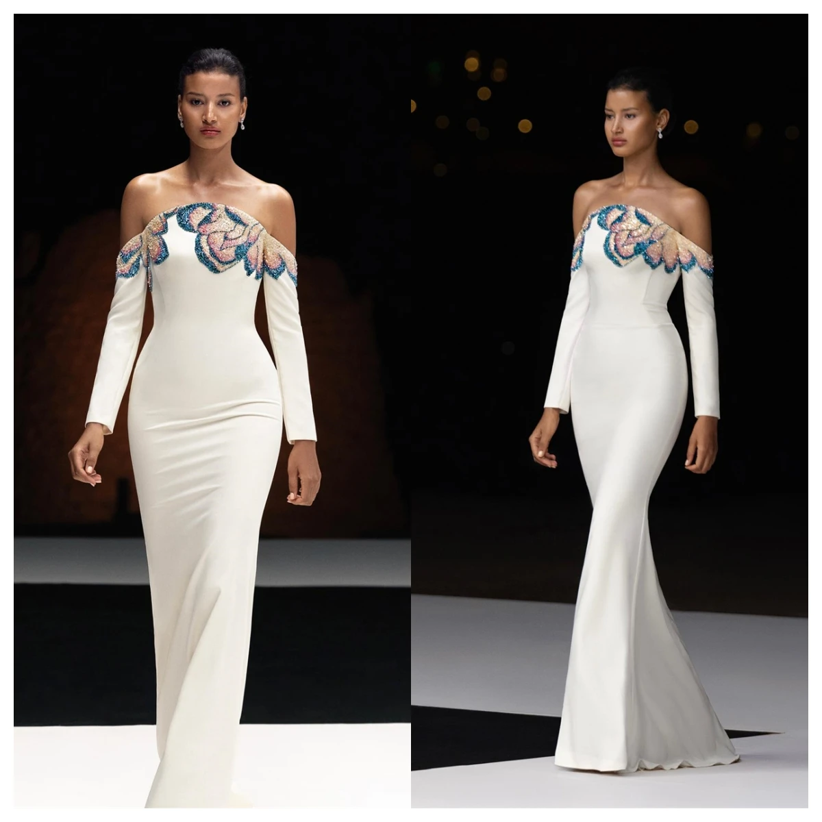 Aangepaste prachtige witte jersey avondjurk boothals uit de schouder lange mouwen beroemdheidsjurken bruidsfeest applicaties