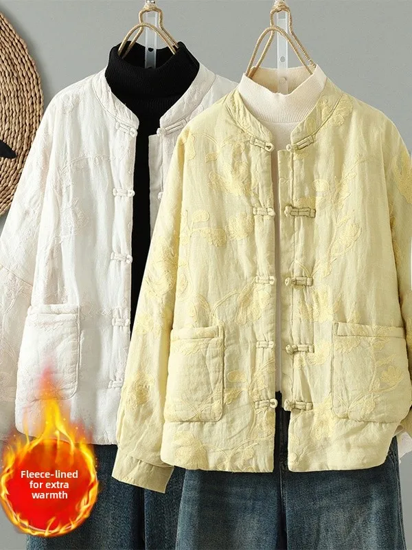 

Warm Cotton Jaet Women's Stand Collar Embroidered Button up Autumn Winter New Sle Chinese Sle Coat Ladies Faion