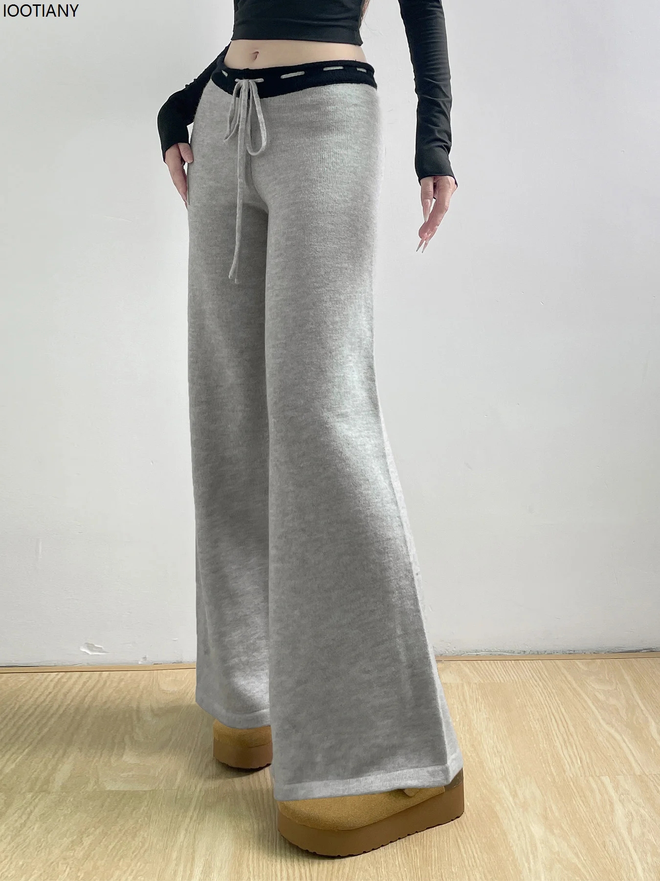 Loose Knitted Casual Pants Retro Star Woven Elastic Lace-up Pants Low Waist Wide Leg Pants Y2k Trousers Korean Fashion Flared