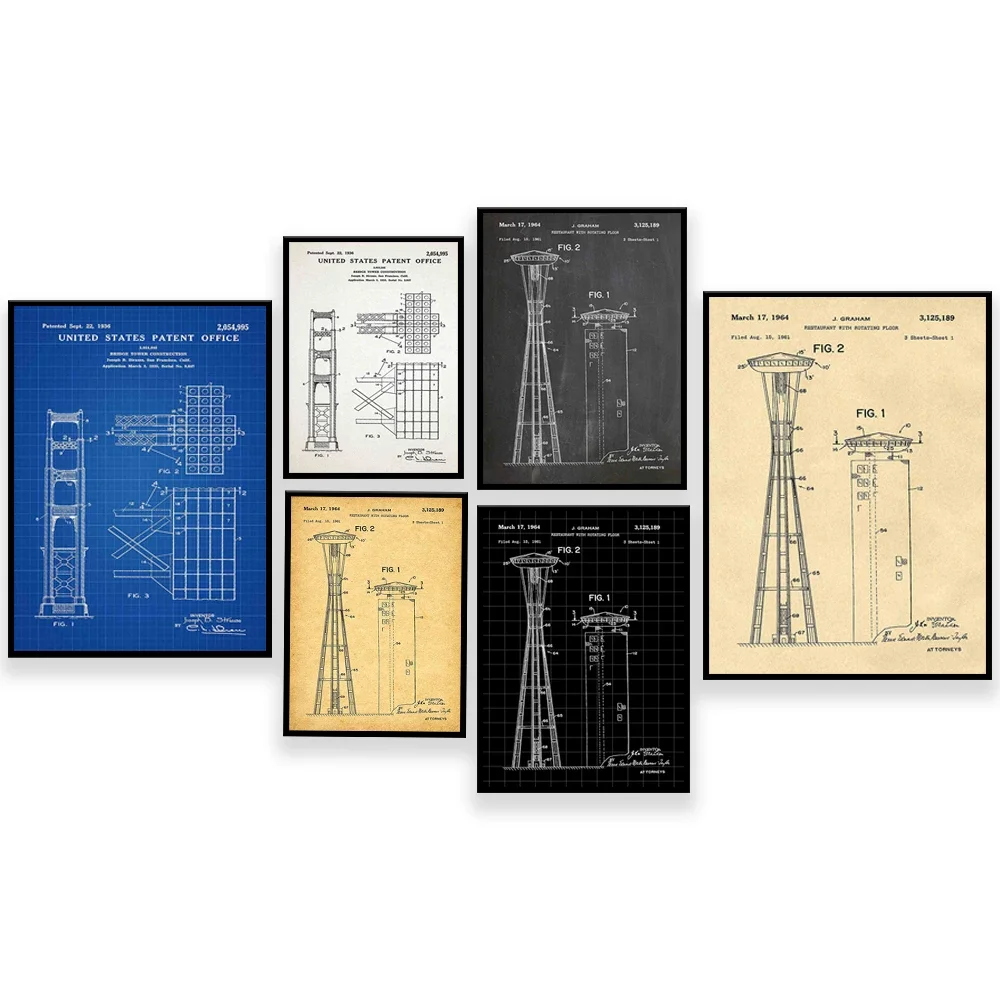 Skyscraper Design, Space Needle, Seattle City, Golden Gate Bridge Design, Wall Art Poster, Architectural Blueprint Printing