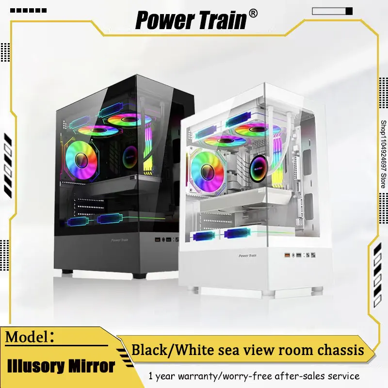 

Иллюзионное зеркало PowerTrain, чехол для комнаты с выдом на море, стеклянный корпус для боковой части, MATX, основной корпус компьютера без полюса, поддерживает 240 водяного охлаждения