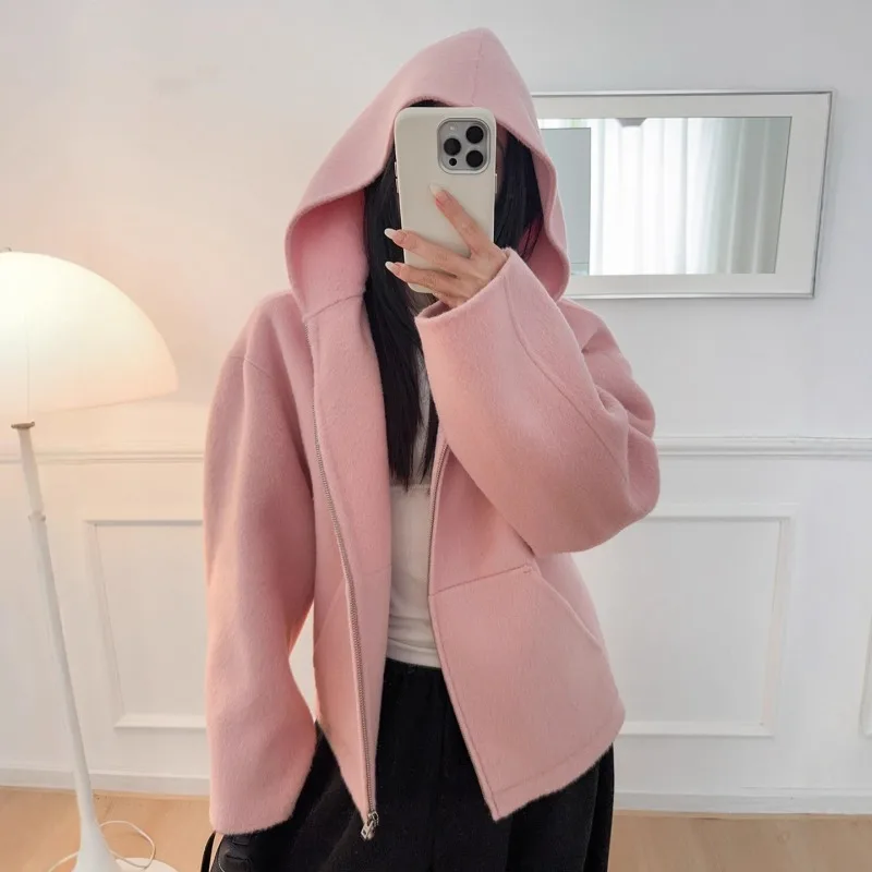 

Women Loose Casual Wool Zipper Hooded Coat Blossom Loose Coat