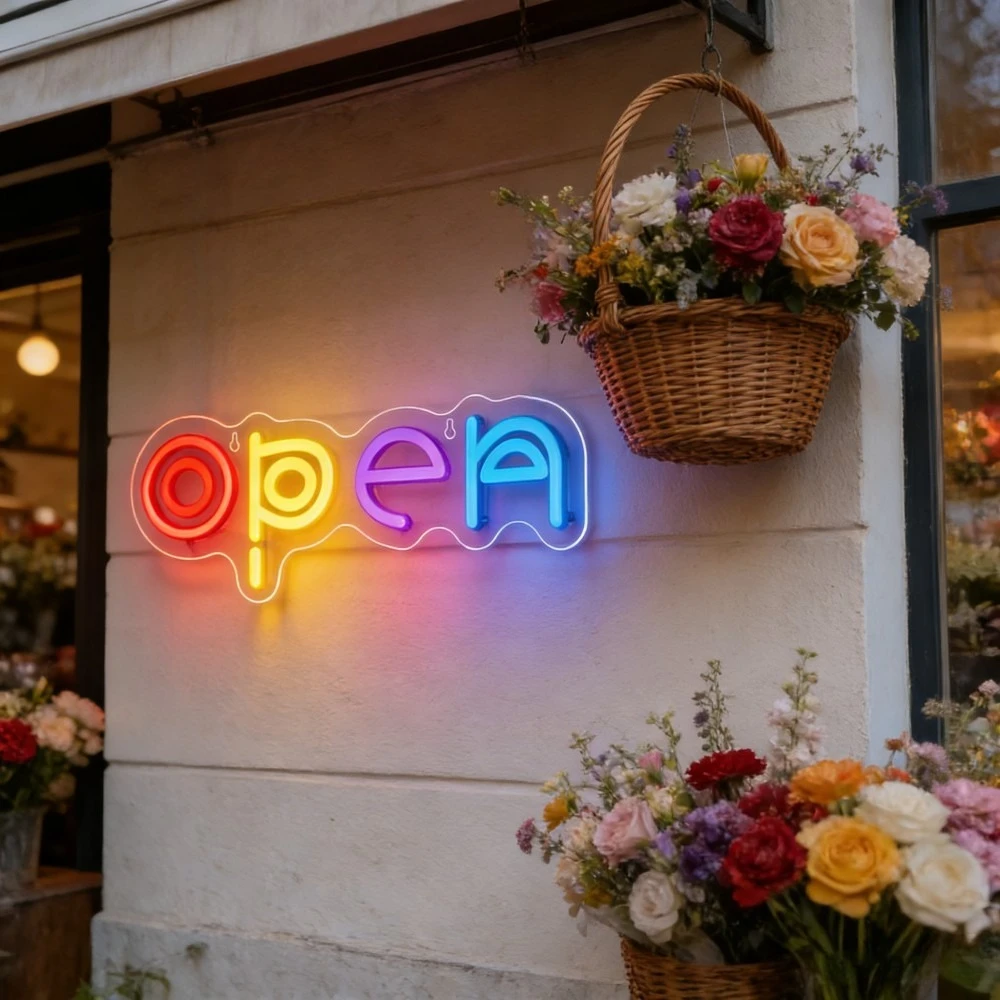 Open Dimmable LED Neon Sign USB Wall Light for Coffee Shop Flower Store Retail Store Window Commercial Opening Decor Present