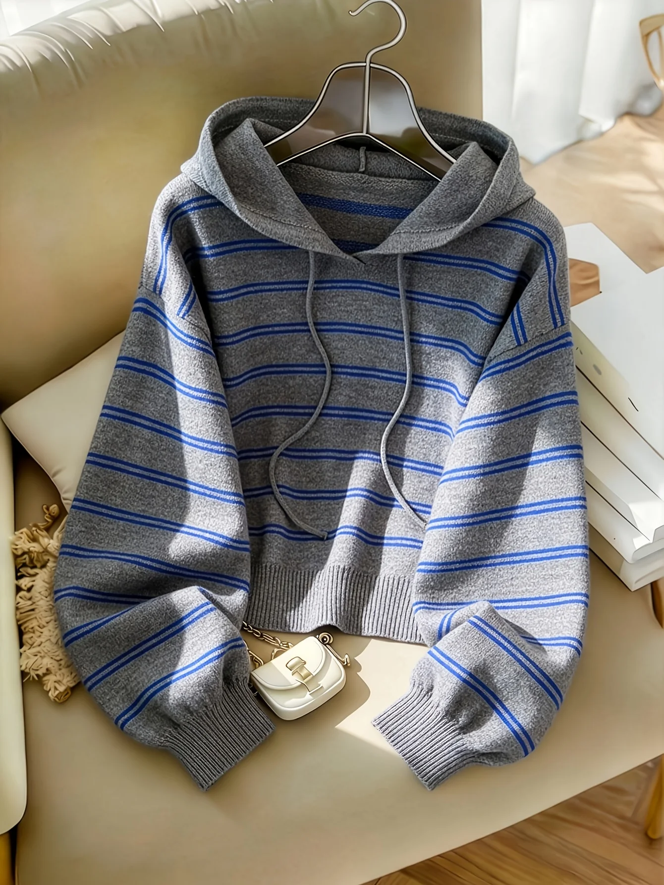 Loose Casual Color Block Striped Hooded Sweater Sweatshirt, Autumn Winter Lantern Sleeve Design Soft Fashion Hoodie Knitwear, Cu