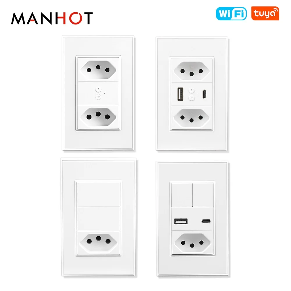 Tuya WiFi Smart Life Brazil Socket 10A 20A Outlets with Switch Two Brazil Outlets Quick Charge USB Alexa Google Home App Control