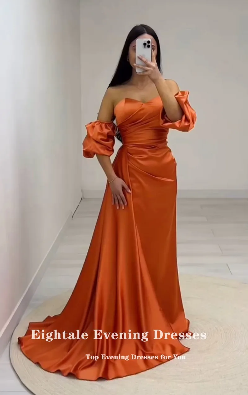 Eightale Elegant Evening Dresses with Detachable Sleeves Orange Satin Mermaid Prom Wedding Party Gown Robes De soirée