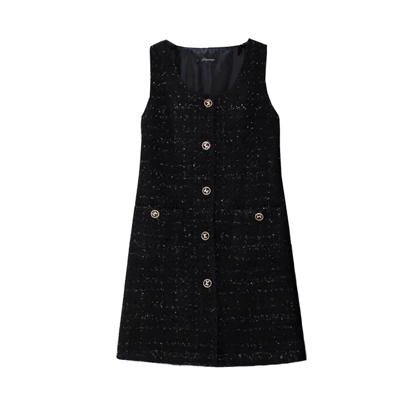 Women's Autumn Winter 5XL Black High Quality Tweed Fragrant Sleeveless Tank Top Dress Party Vestidos