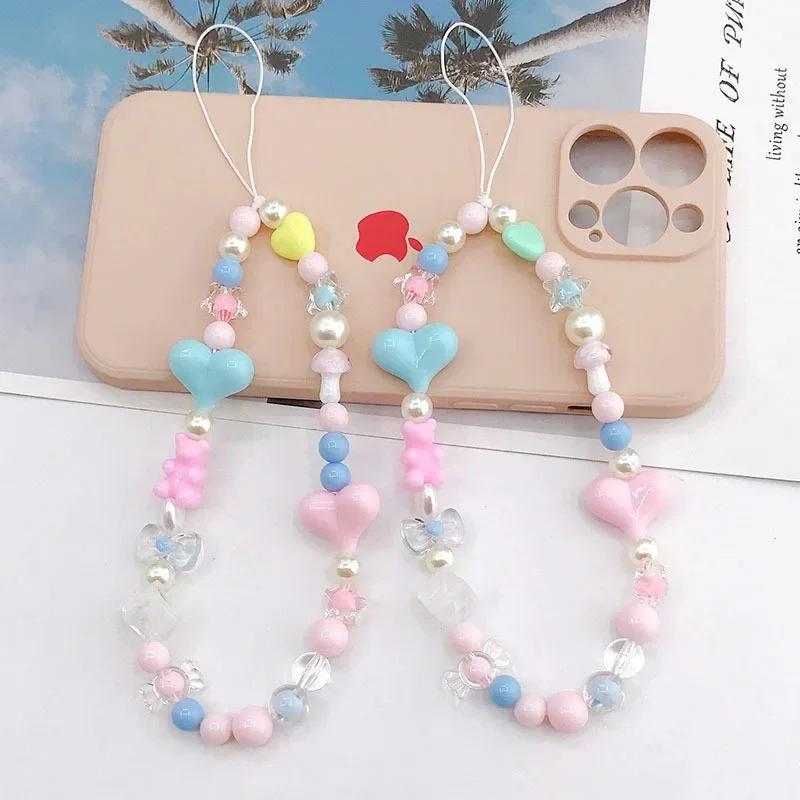 2024 Acrylic Flower Cat Head Beads Charm Phone Chain Lanyard Jewelry for Women Phone Case Strap Butterfly LOVE Letter Accessory