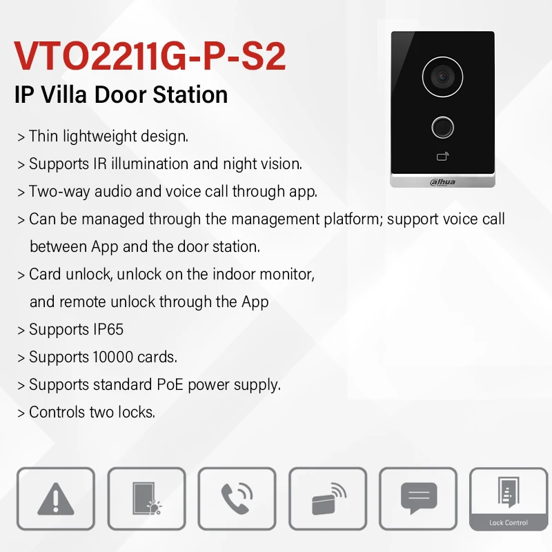 Dahua VTO2211G-P-S2 PoE Видеодомофон HD ИК Ночное видение Двусторонний разговор Дверной звонок Управление IP-камерой 2 замка IC Card Разблокировка приложения