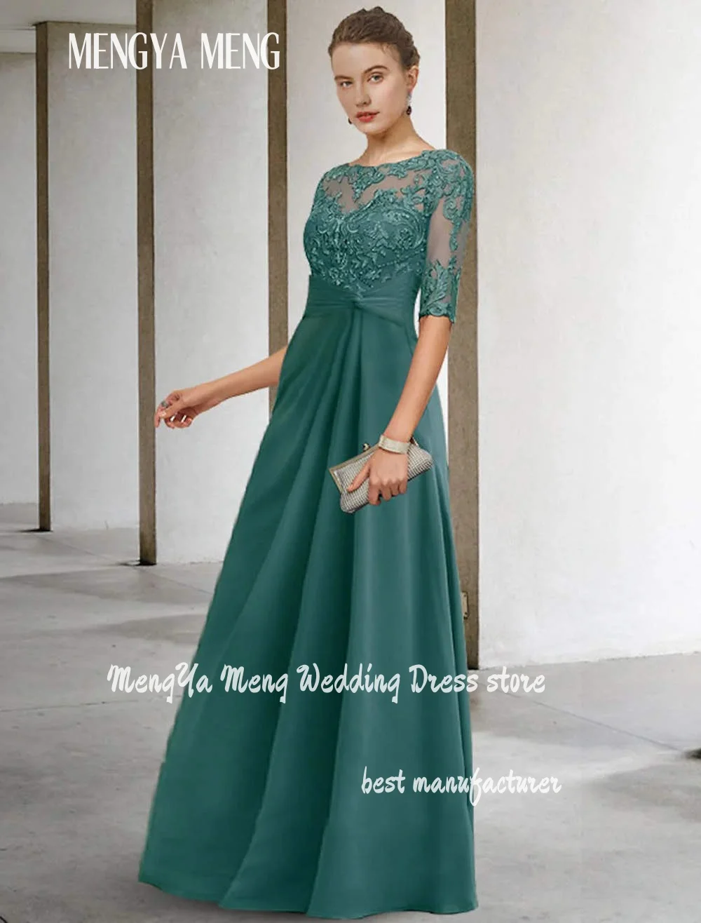 Abiti verdi personalizzati per la madre della sposa con maniche per abiti da festa di nozze Abito da sera in chiffon a trapezio con applicazioni di perline